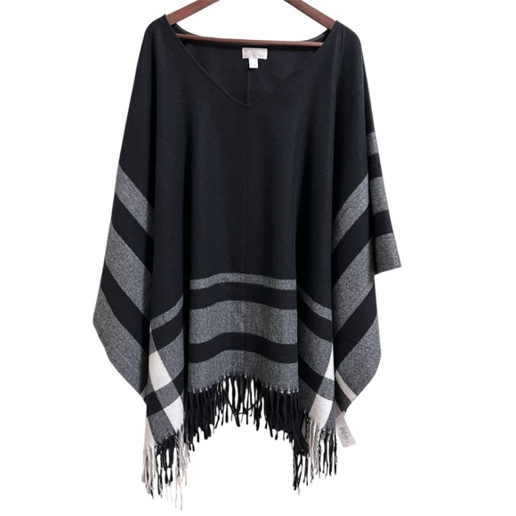 Belle by Kim Gravel Sweaters - Belle by Kim Gravel Elegant Black and Gray Poncho Stripes Soft Flannel One Size